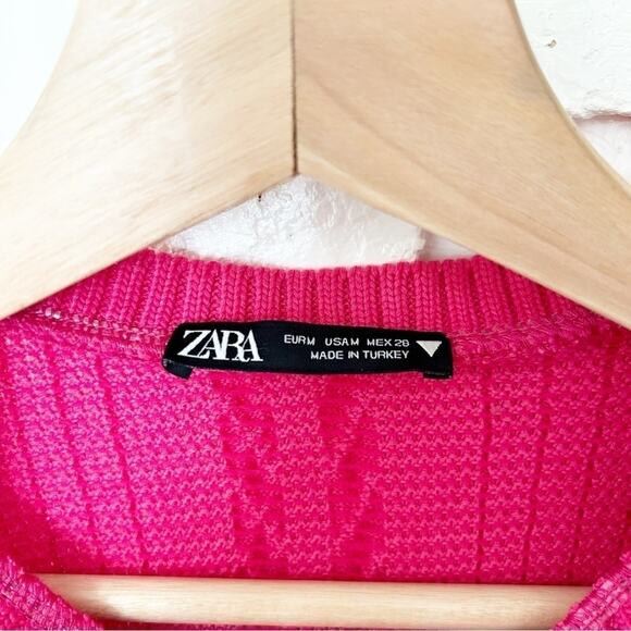 Zara Bright Pink Sleeveless Round Neck Cable Knit Stretch Midi Dress Size M - Picture 2 of 6